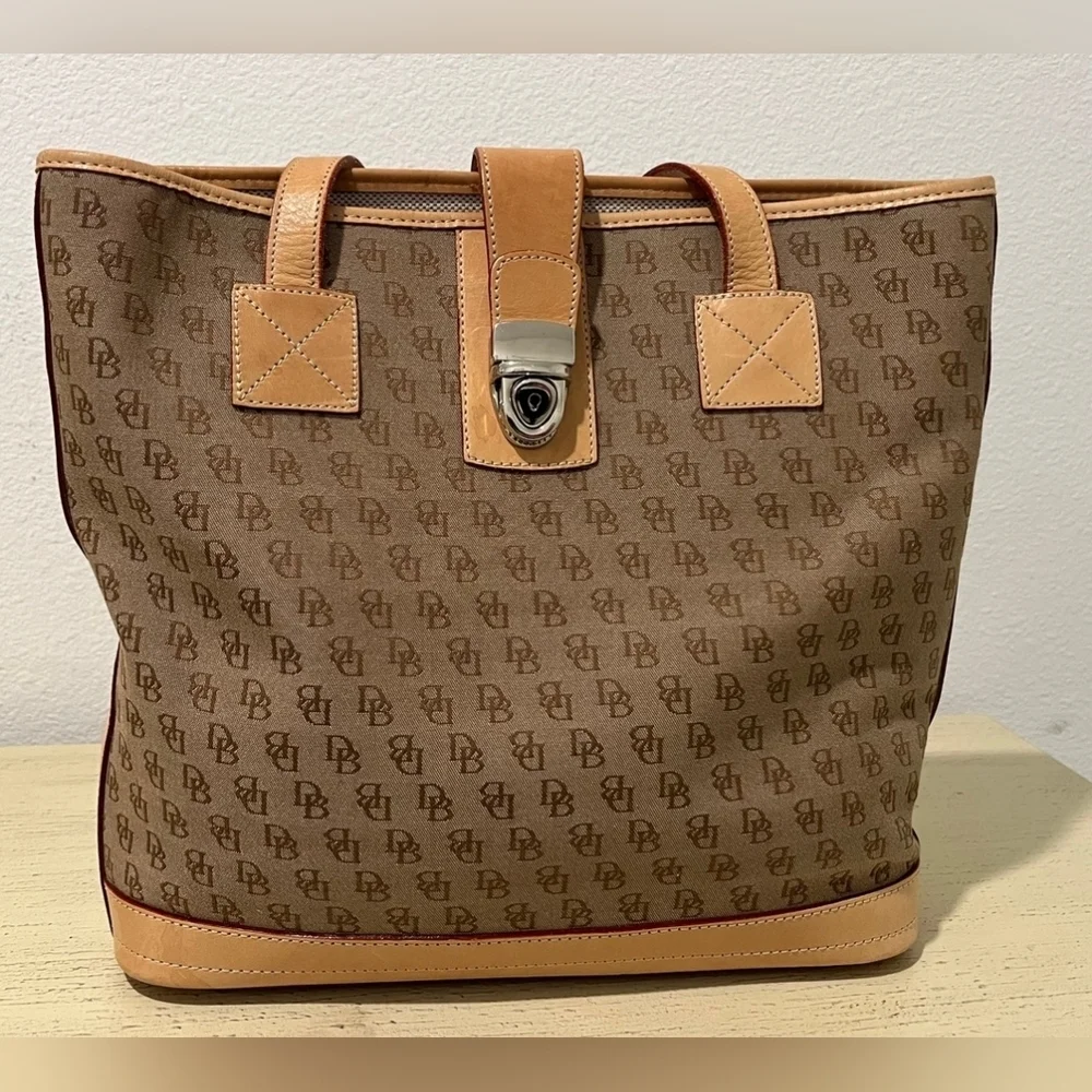 Vintage Dooney & Bourke Signature Logo Canvas Shopper With Leather Trim  EUC